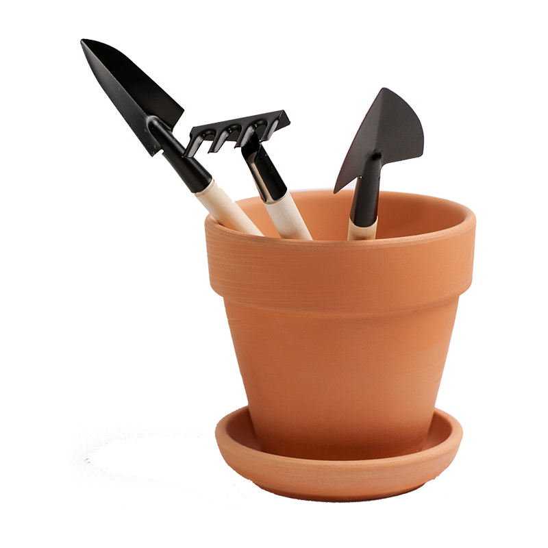 Clay Pot With Wooden  Rake and Shovel